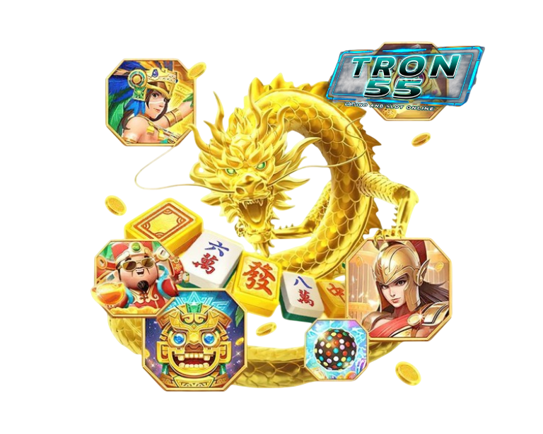 การ์ตูนมังกรทองล้อมด้วยเหรียญทอง สมาร์ตโฟน และไอคอนเกมสล็อต